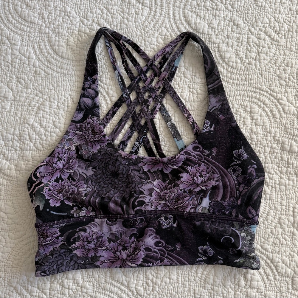 Lululemon Purple Black Floral Strappy Back Sports Bra Size  4